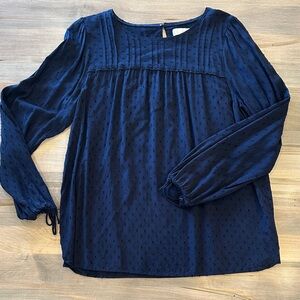 LOFT Navy Textured Pintuck Long-Sleeve Blouse